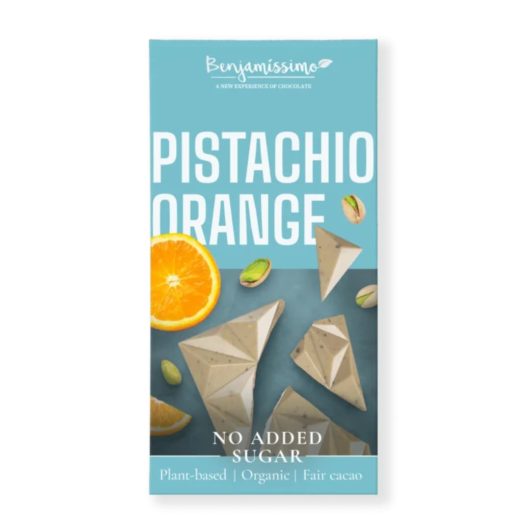 Ciocolata alba cu fistic si portocale bio 60g Benjamissimo