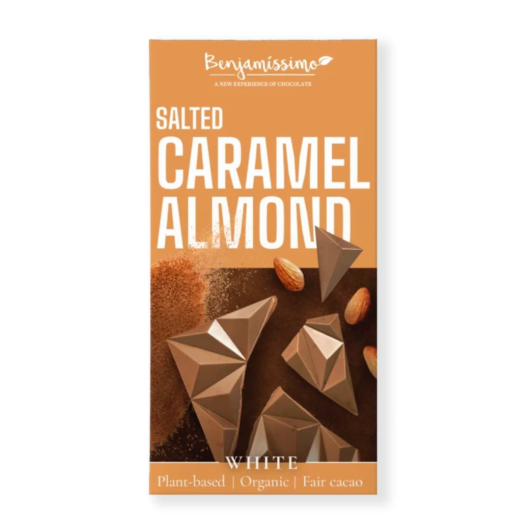 Ciocolata alba cu migdale si caramel sarat bio 60g Benjamissimo
