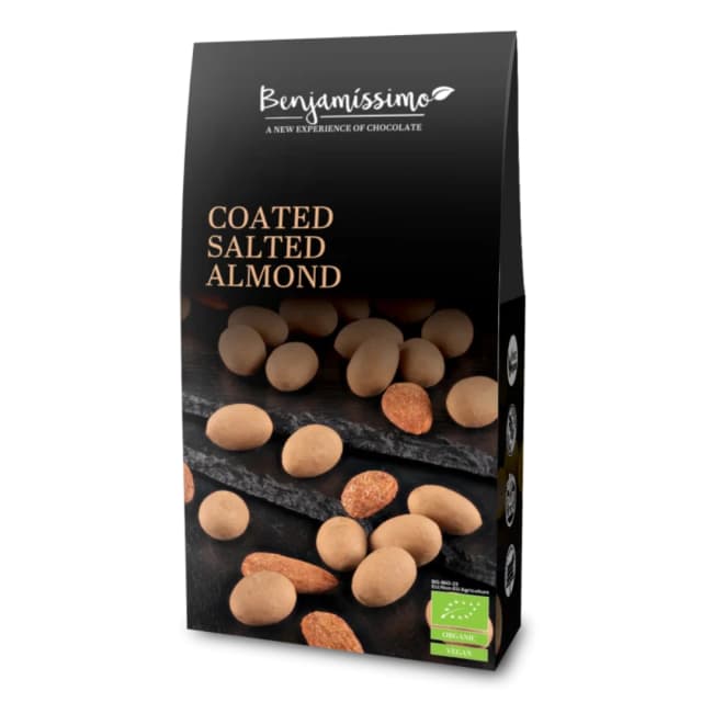 Migdale sarate invelite in ciocolata cu caramel sarat bio 60g Benjamissimo
