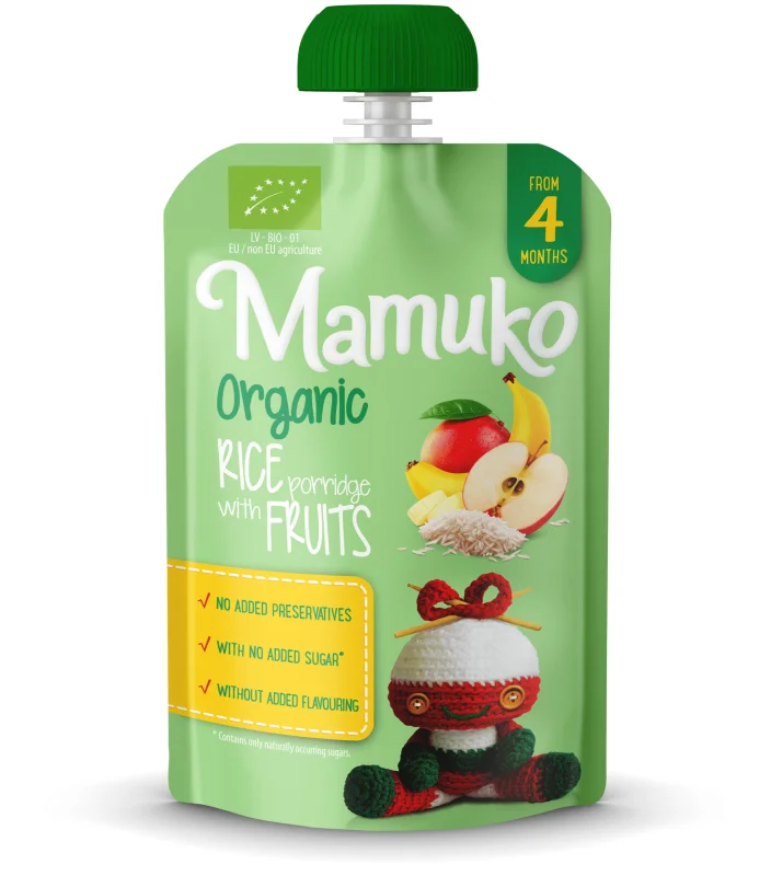 Porridge de orez cu fructe bio 4+ luni 100g Mamuko