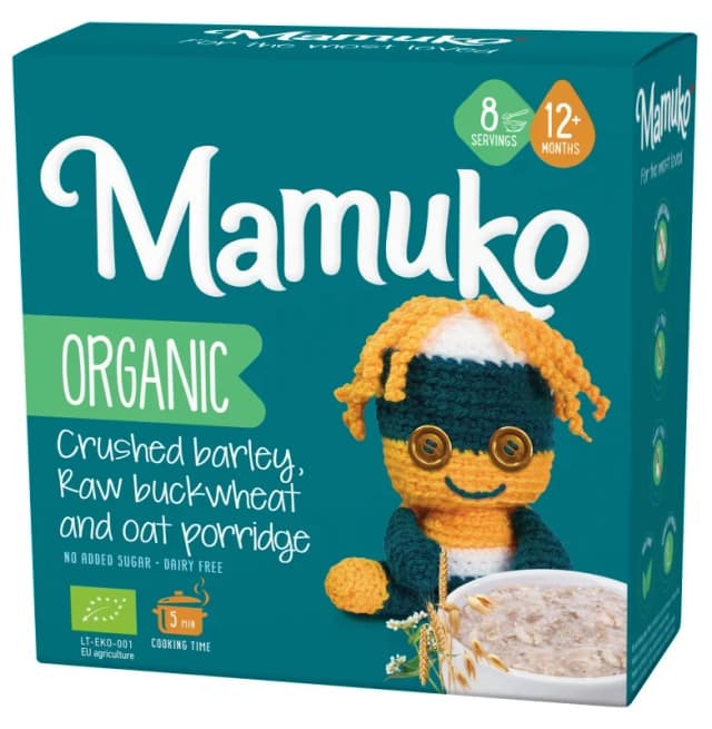 Porridge din 3 cereale cu fulgi de ovaz, hrisca si orz bio 12+ luni 200g Mamuko
