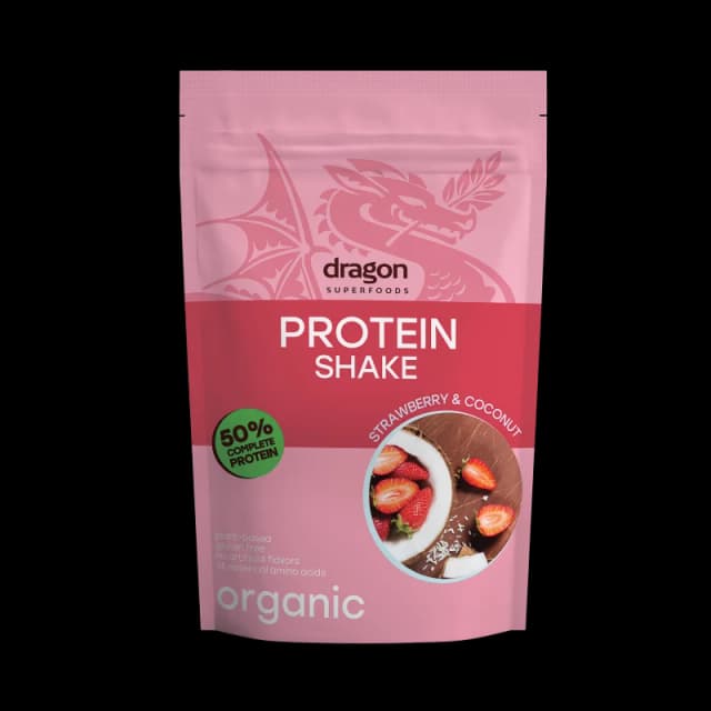 Shake proteic capsuni si cocos bio 450g Dragon Superfoods