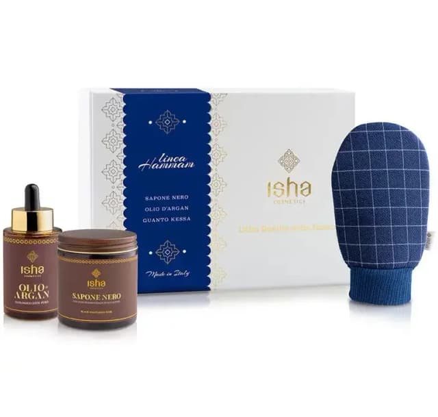 Set cadou ritual hammam – sapun negru, manusa kessa, ulei de argan ecologic Isha